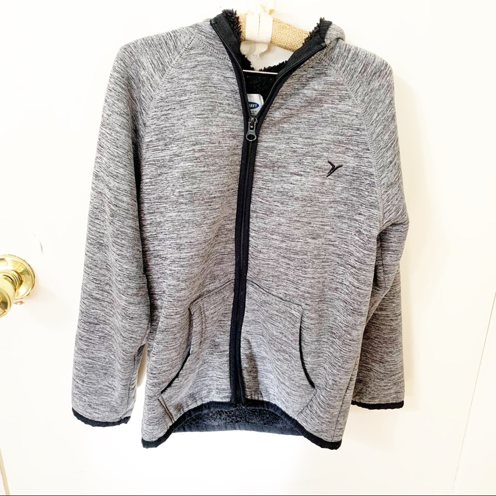 Old Navy kids boys black/grey Sherpa Lined Zip up hood Sweat shirt top medium 8